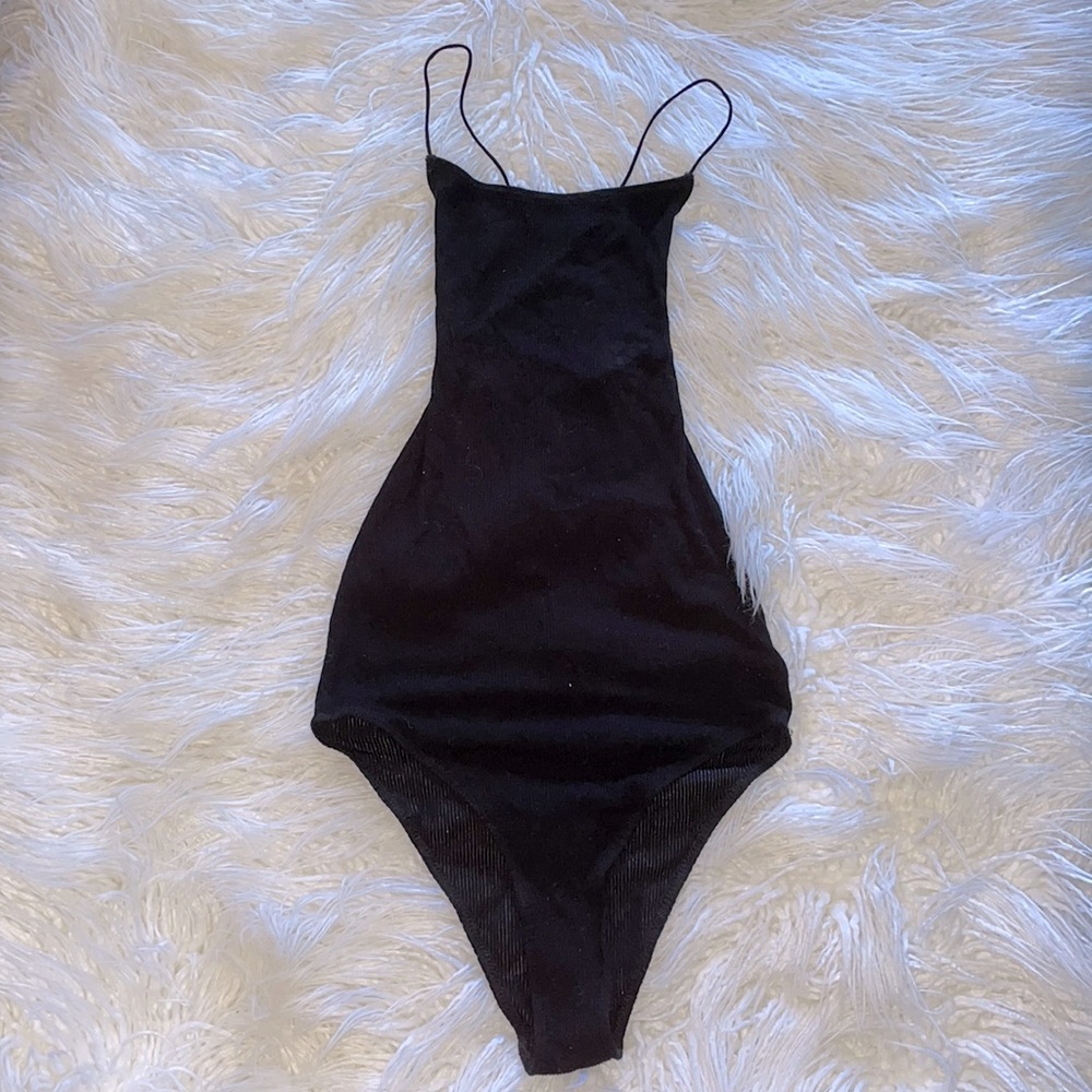 Black Ripped Body Suit Open Criss-Cross Back XS